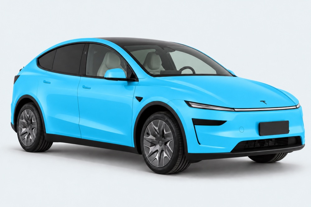 Tesla Model YL: all painted exterior panels highlighted blue; glass, wheels and trim excluded