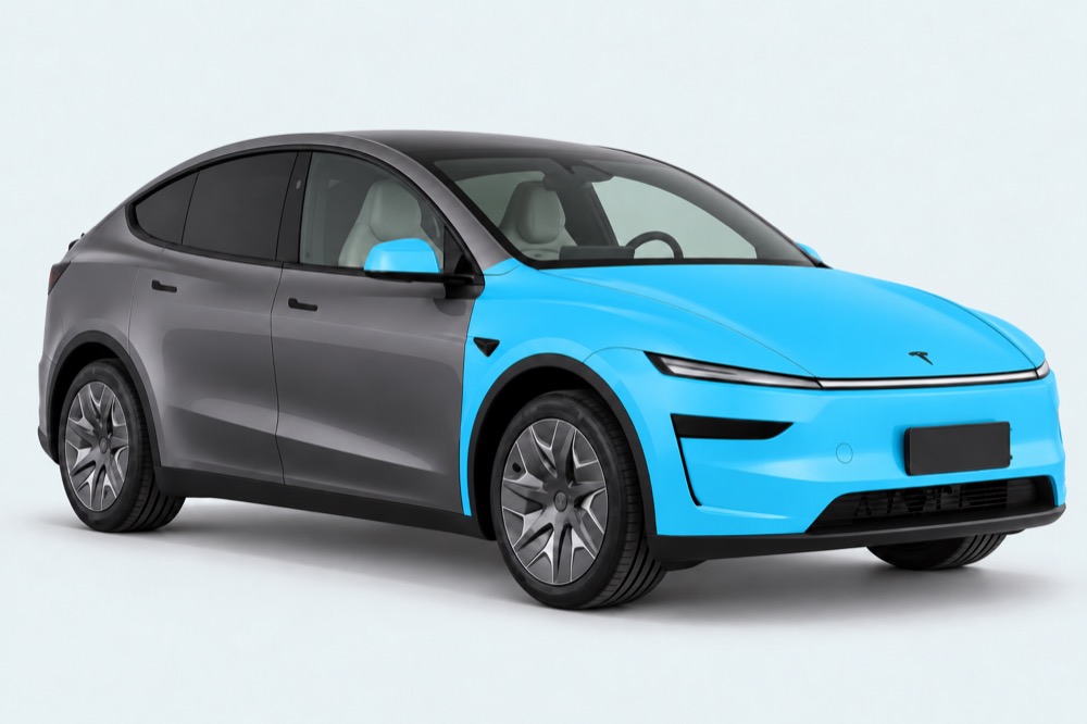 Tesla Model YL: front bumper, bonnet, front guards and mirror caps highlighted blue