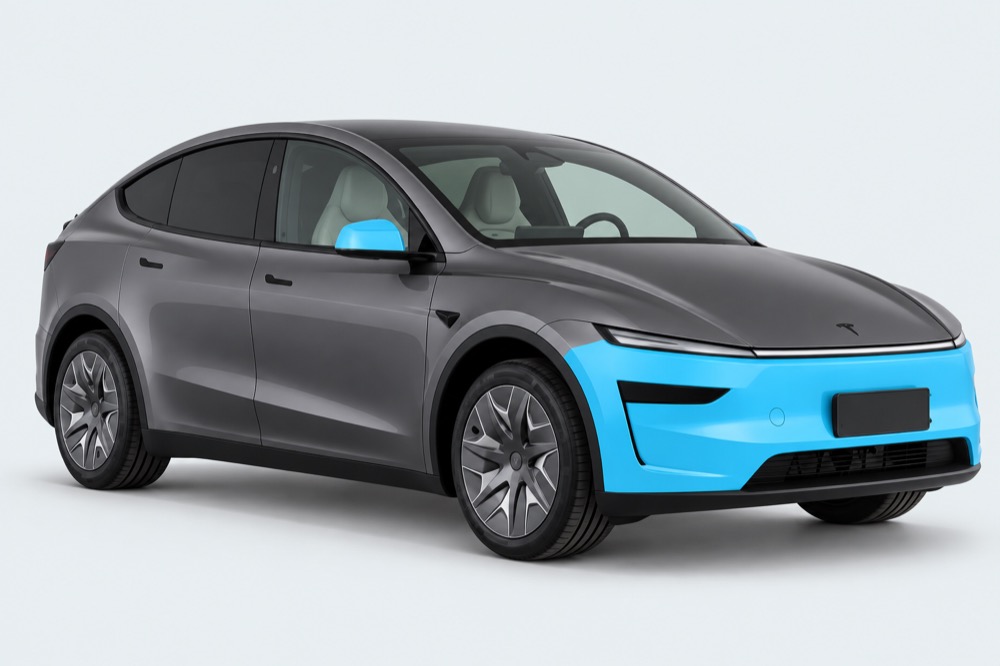 Tesla Model YL: front bumper and mirror caps highlighted blue